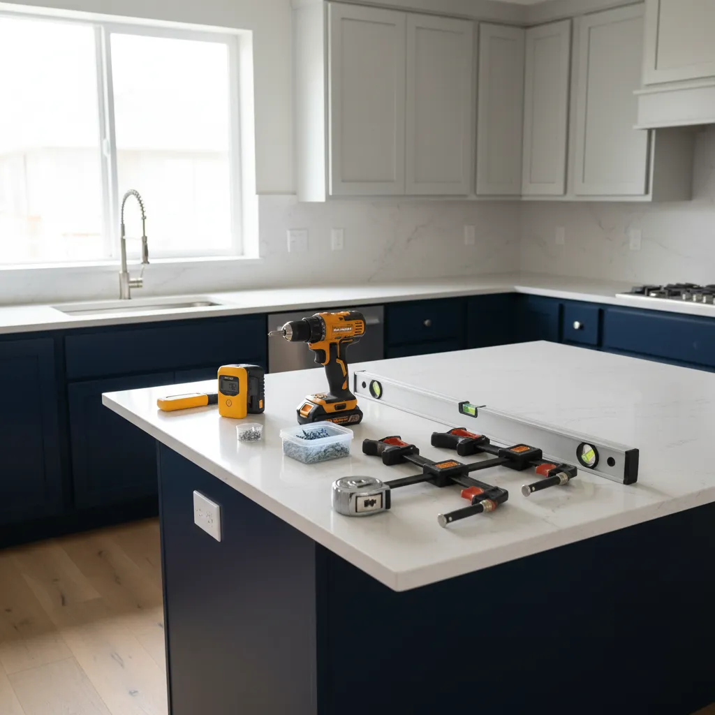 tools and materials prepared for installing kitchen wall cabinets