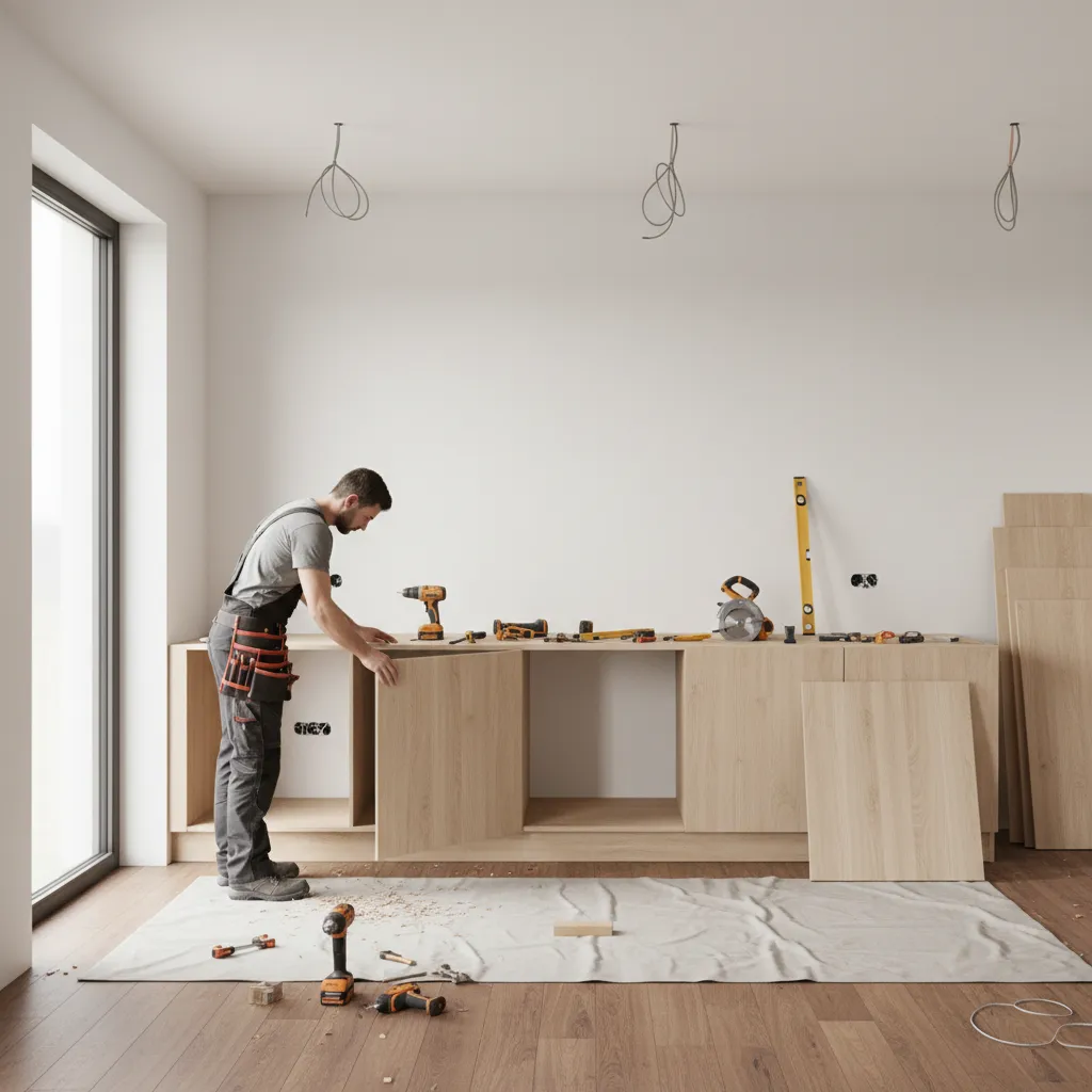 contractor installing kitchen cabinets along wall