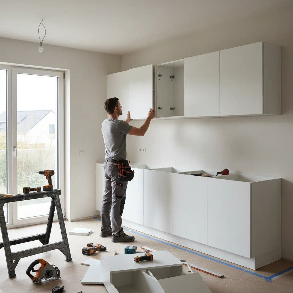 contractor installing upper kitchen cabinets during renovation