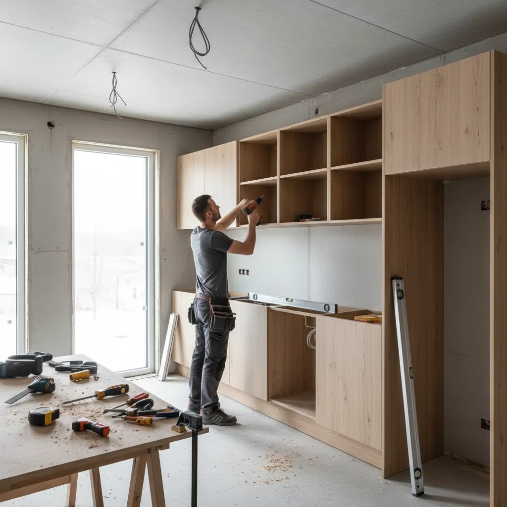 Contractor installing upper kitchen cabinets with level and drill in modern kitchen renovation