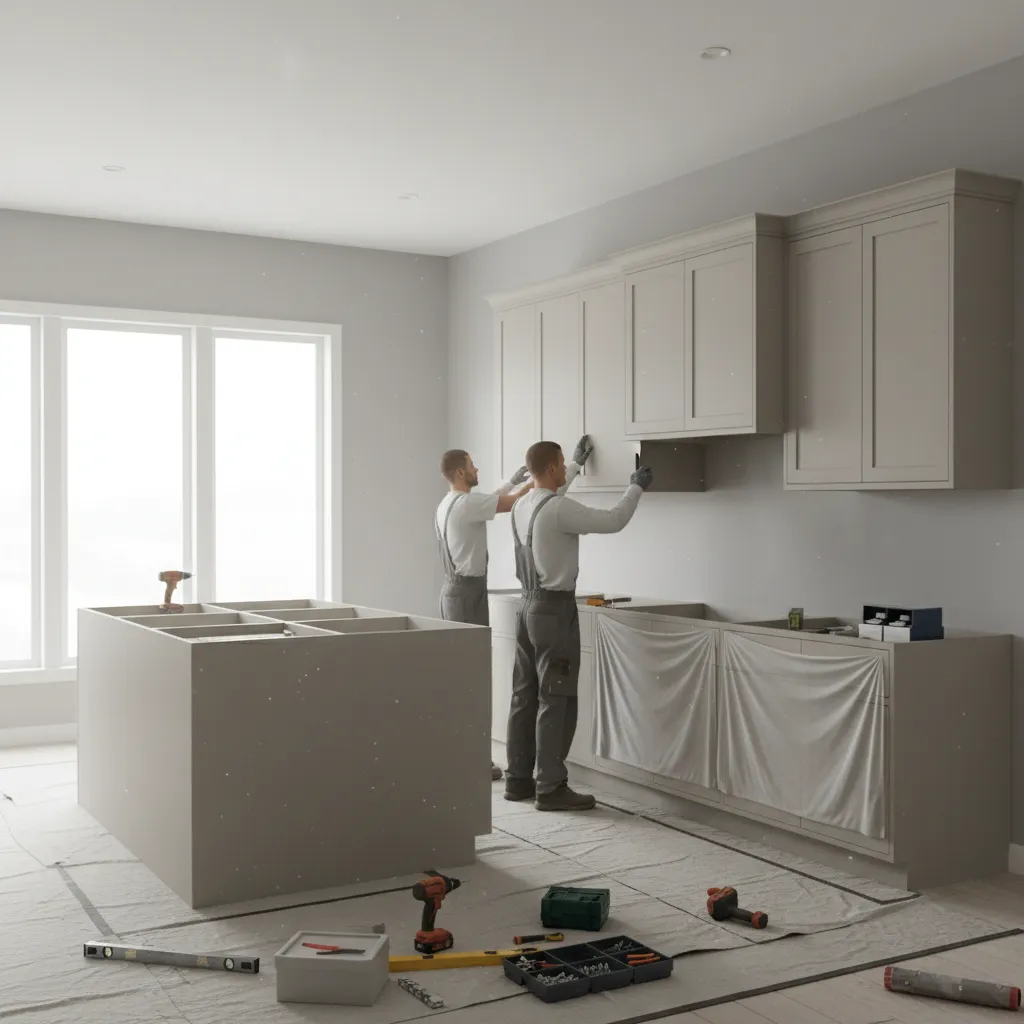 Kitchen cabinet installation during renovation