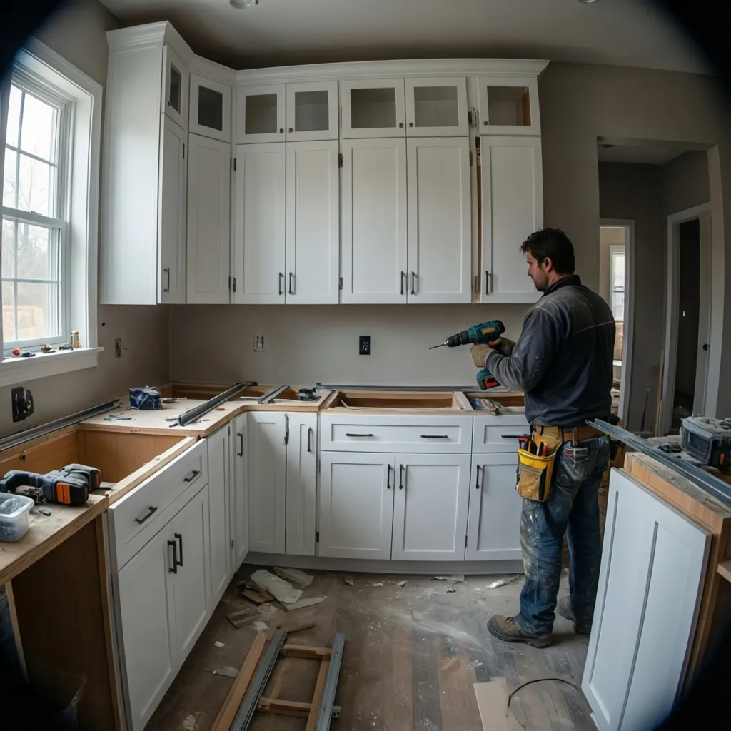 contractor installing upper kitchen cabinets during renovation