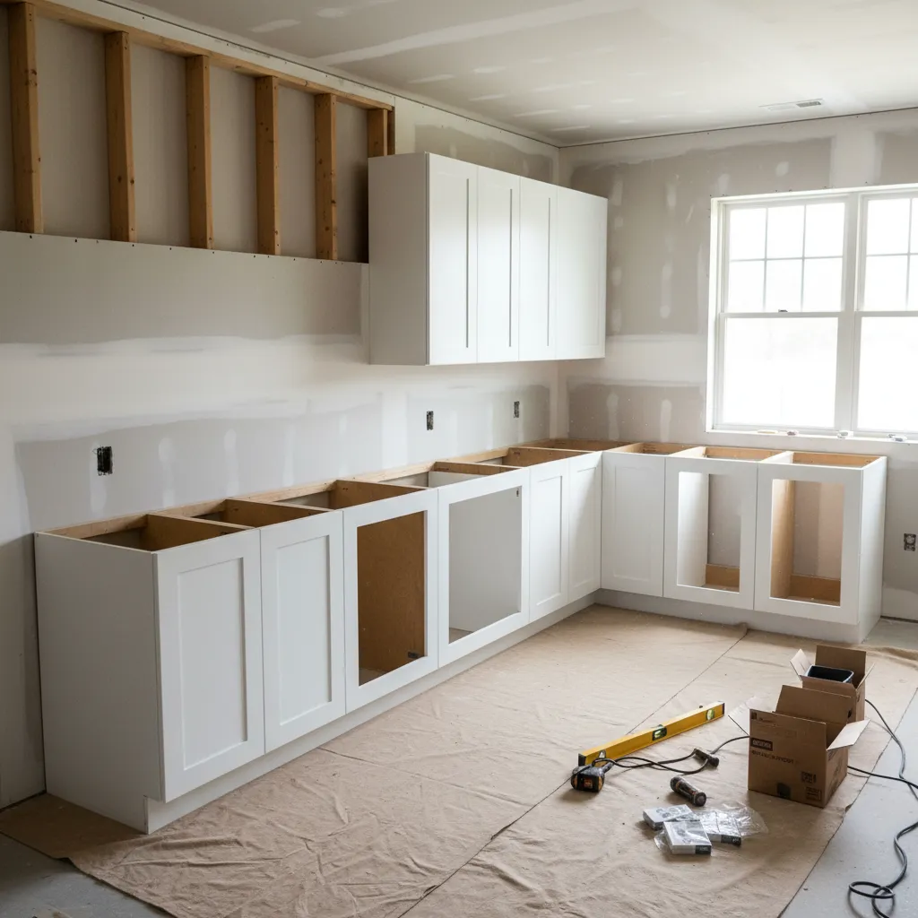 10x10 kitchen with partially installed cabinets during renovation