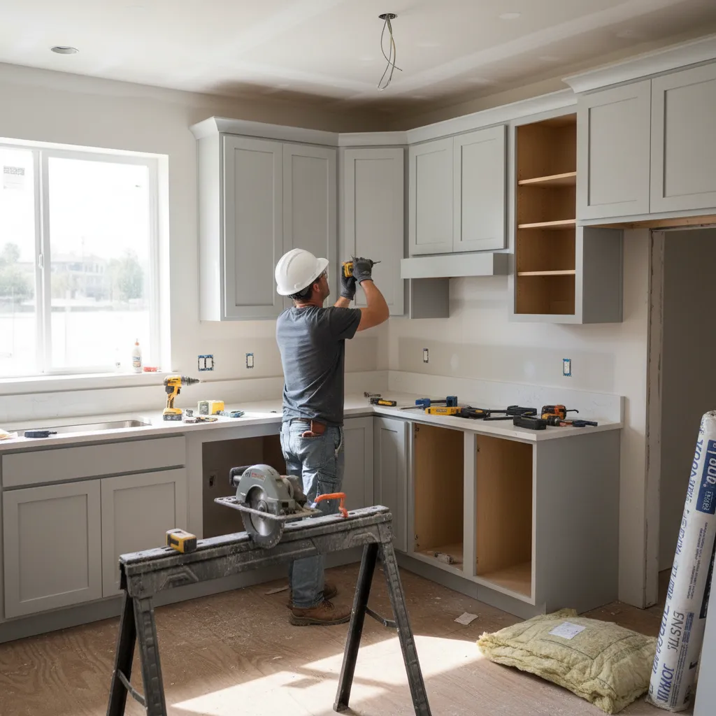 contractor installing modern kitchen cabinets during renovation