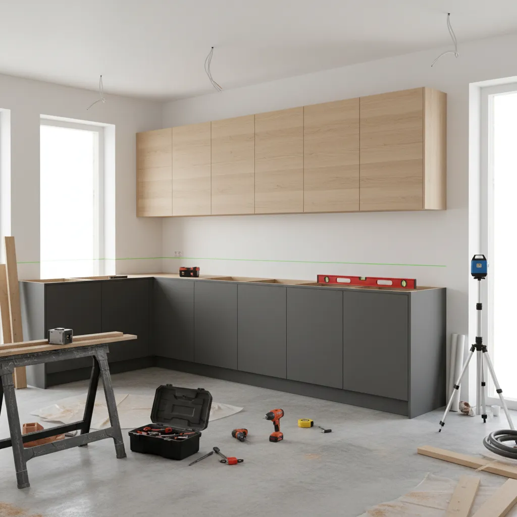 kitchen cabinet installation progress showing base and upper cabinets aligned