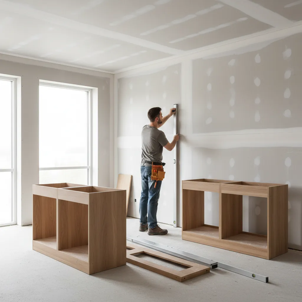 Contractor measuring wall alignment before installing kitchen cabinets