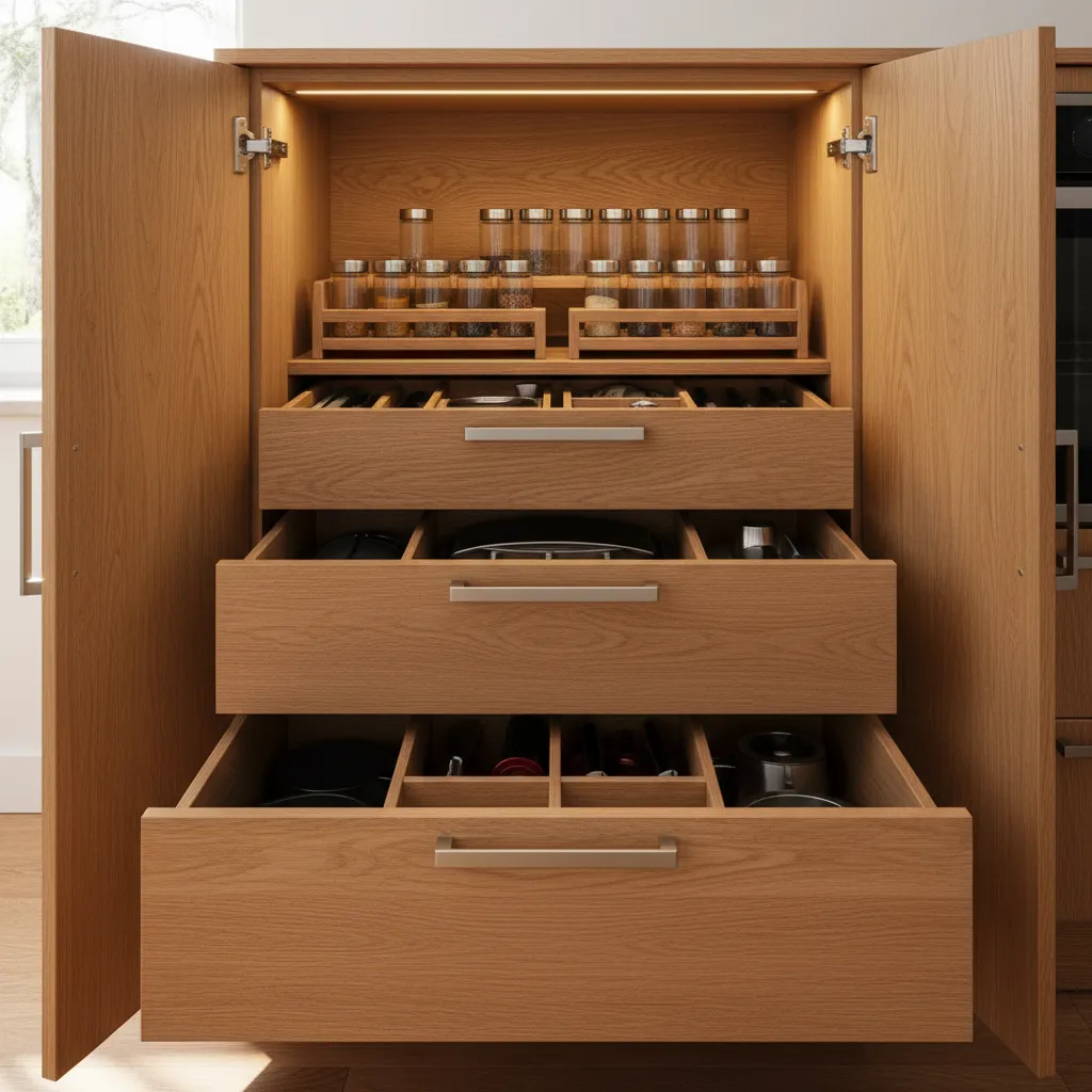 kitchen cabinet interior with pull-out drawers and organizers