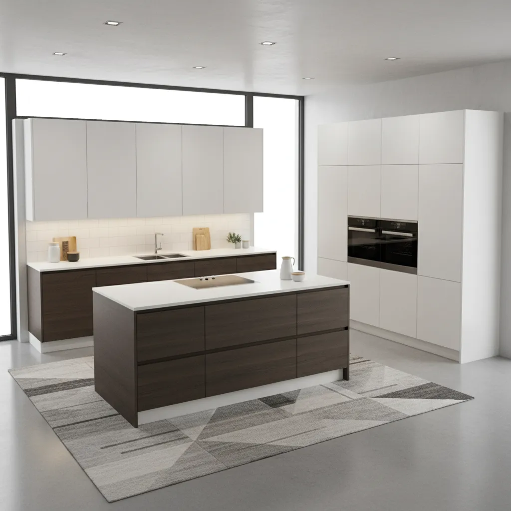 3D kitchen cabinet layout visualization showing island cabinets and wall cabinets