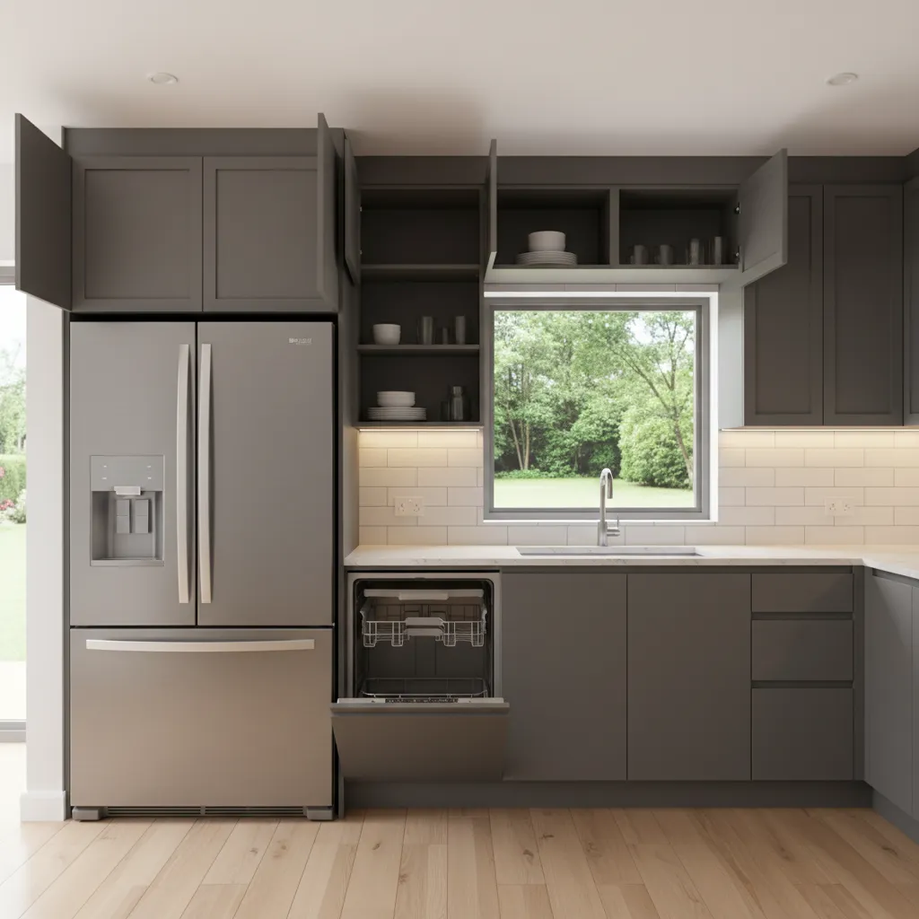 3D kitchen model showing cabinet door clearance and appliance spacing