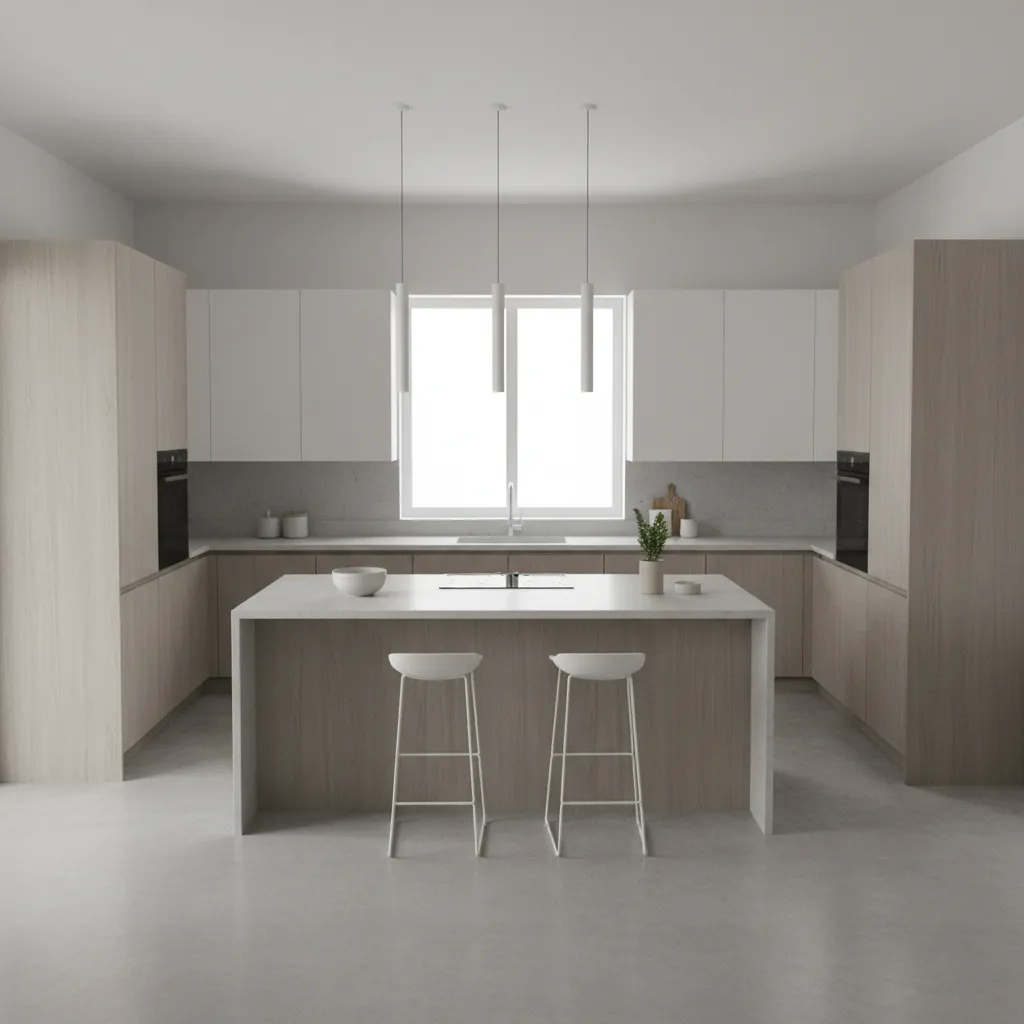 modern kitchen layout showing base cabinets wall cabinets and island