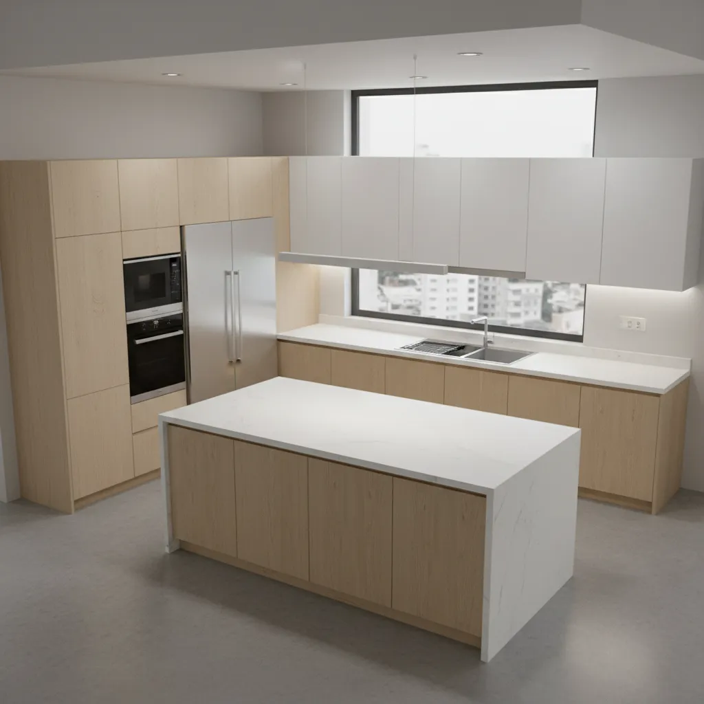 3D kitchen layout with cabinets and appliances arranged in planning software