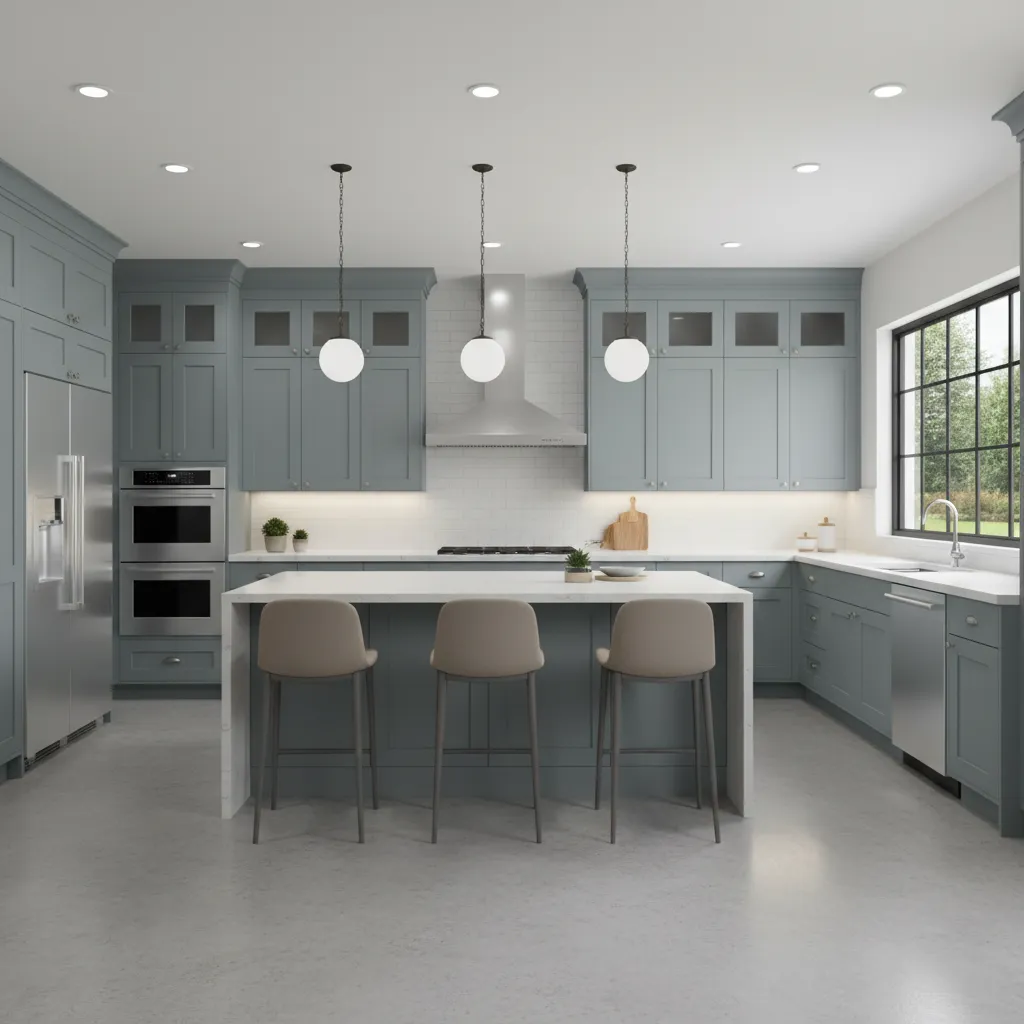 Finished digital kitchen cabinet layout with island and appliances