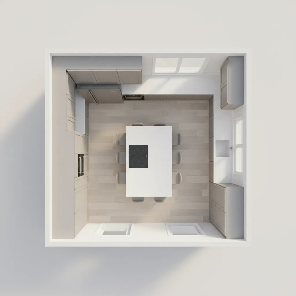 3d kitchen floor plan layout showing cabinet placement and island