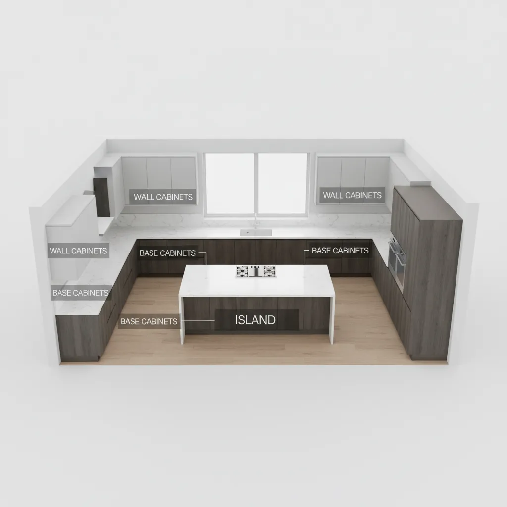 3D kitchen layout showing cabinet placement and installation zones