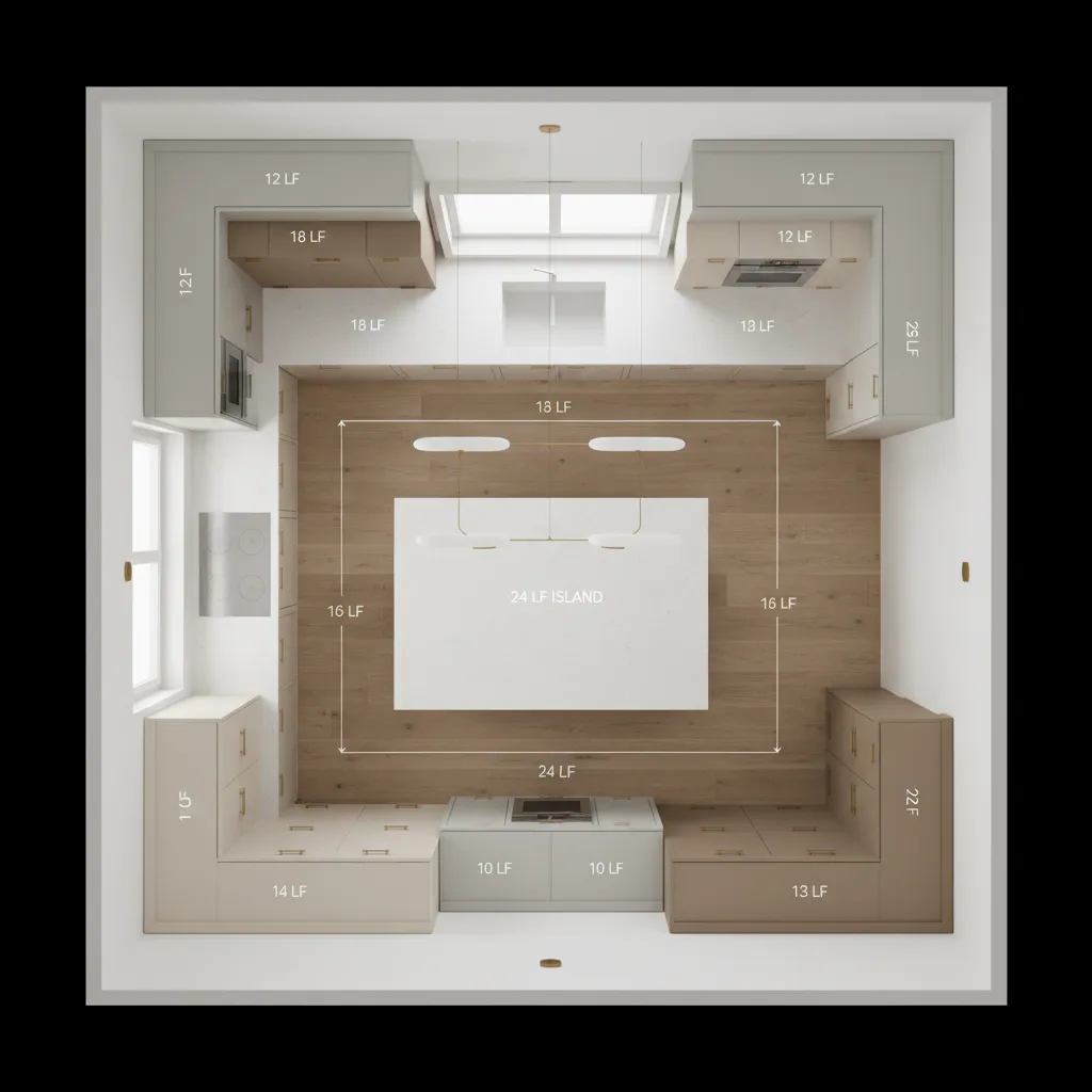 Top down kitchen room layout showing cabinet measurements island size and wood floor with labels