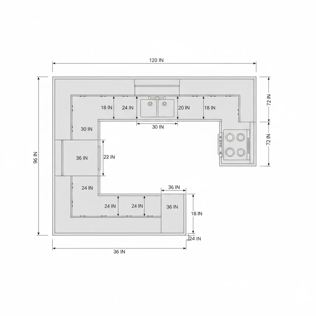 Kitchen layout diagram showing cabinet measurements and spacing