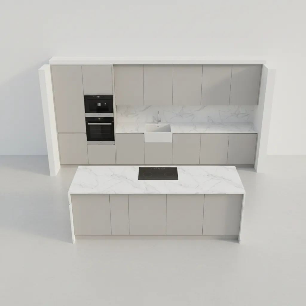 Interior design drawing showing a modern grey kitchen layout with marble island on white background
