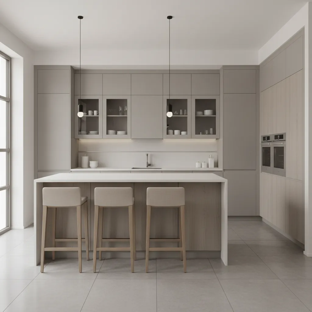 Modern kitchen with beige cabinets a large island three chairs and two simple ceiling lights