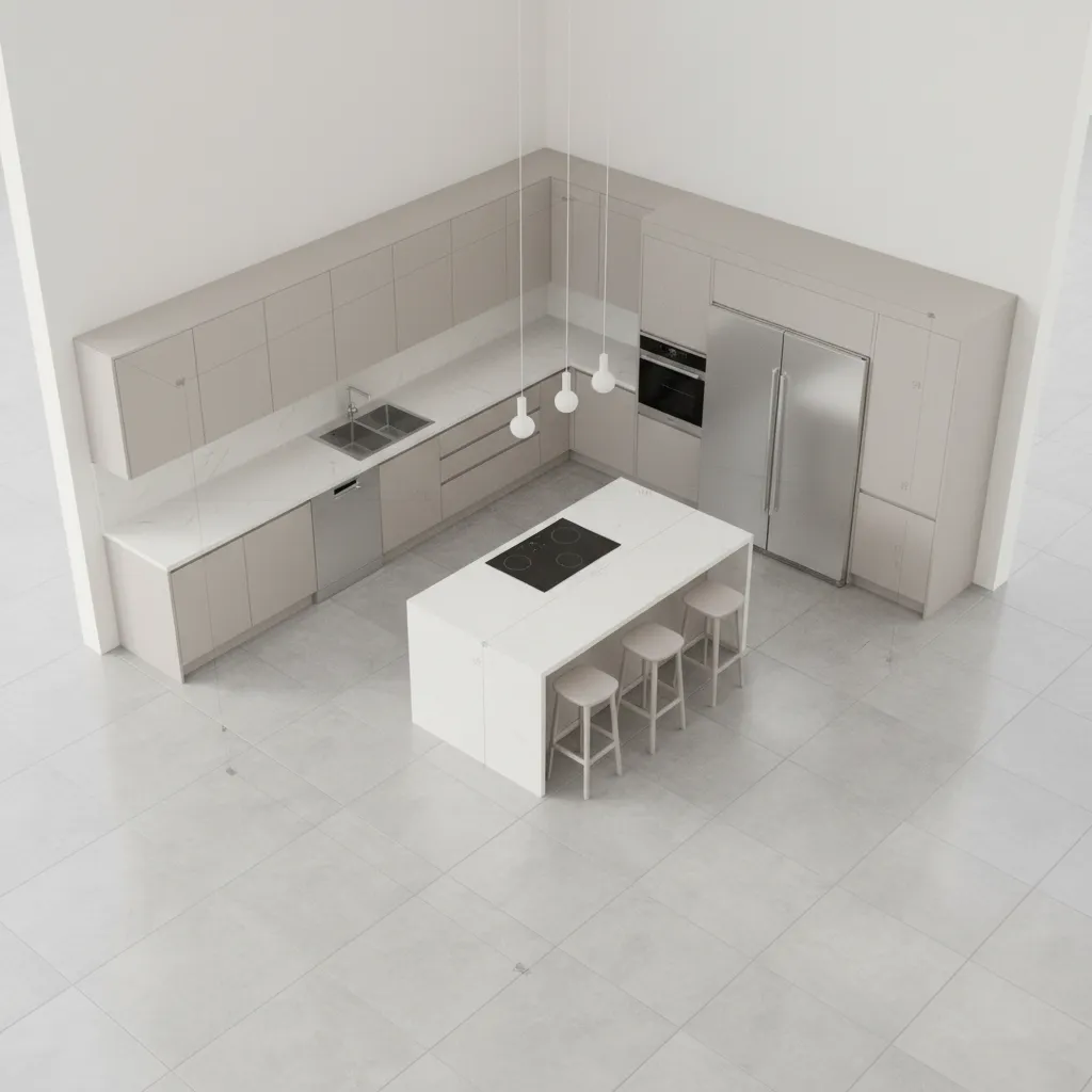 3d kitchen layout planning with cabinet arrangement