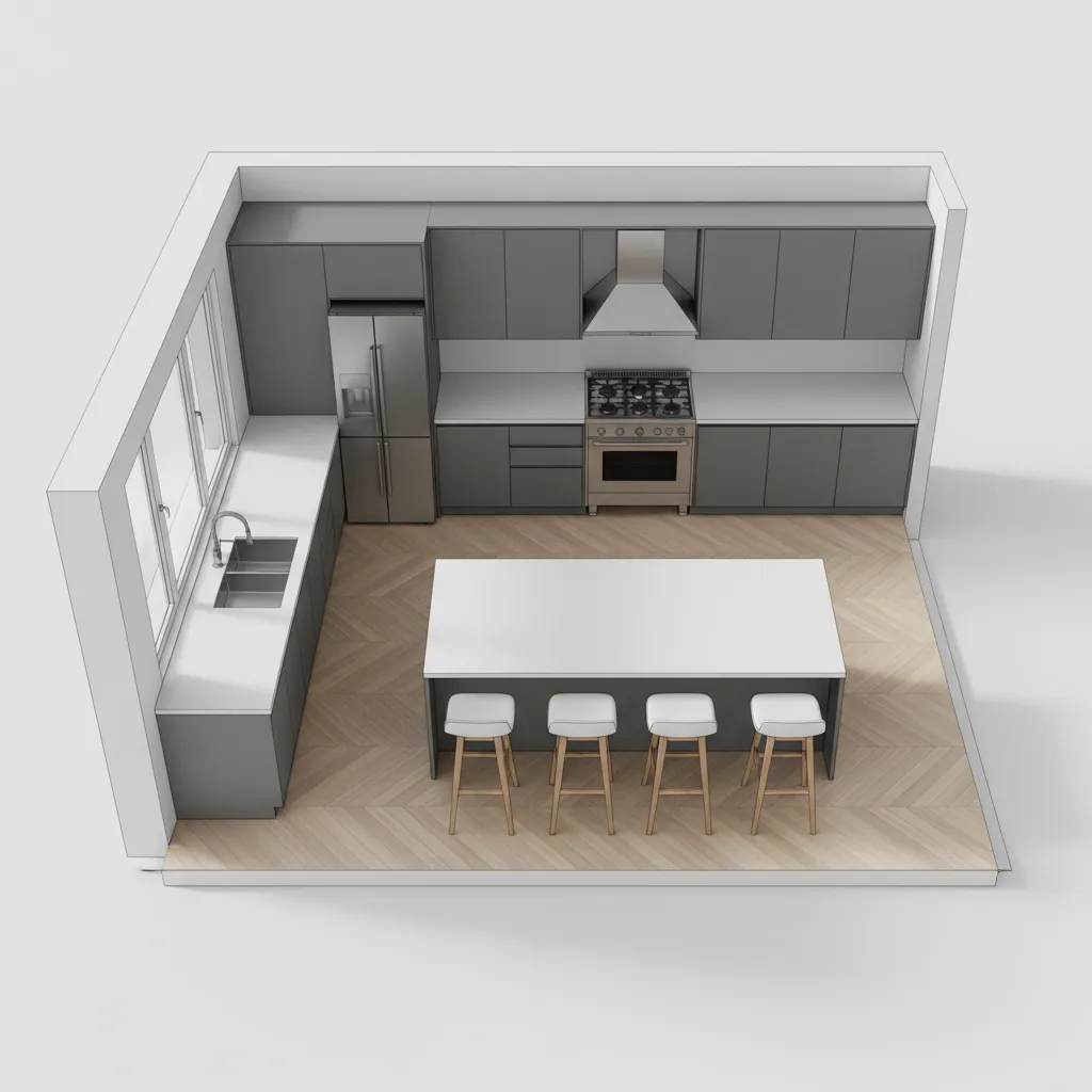 top view kitchen layout with cabinets island and appliances