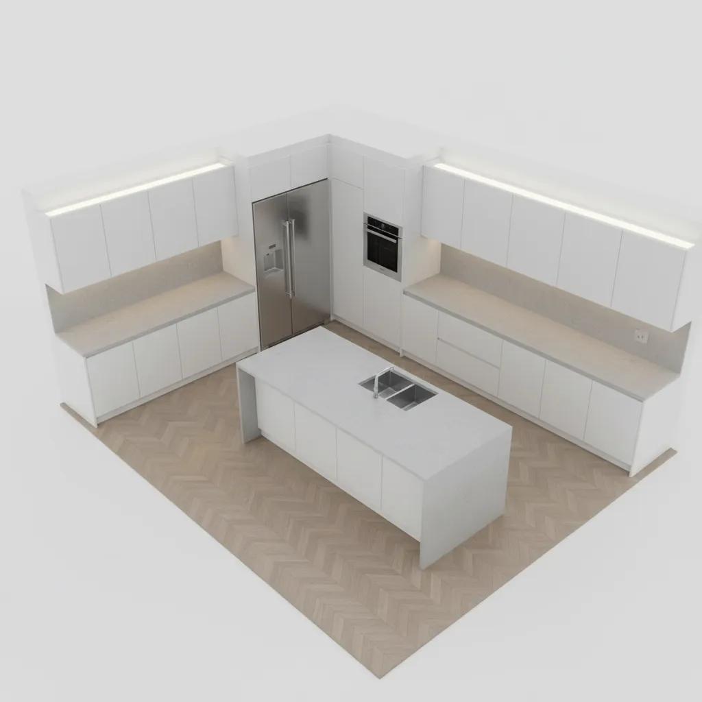 3D kitchen layout showing cabinet placement and island design