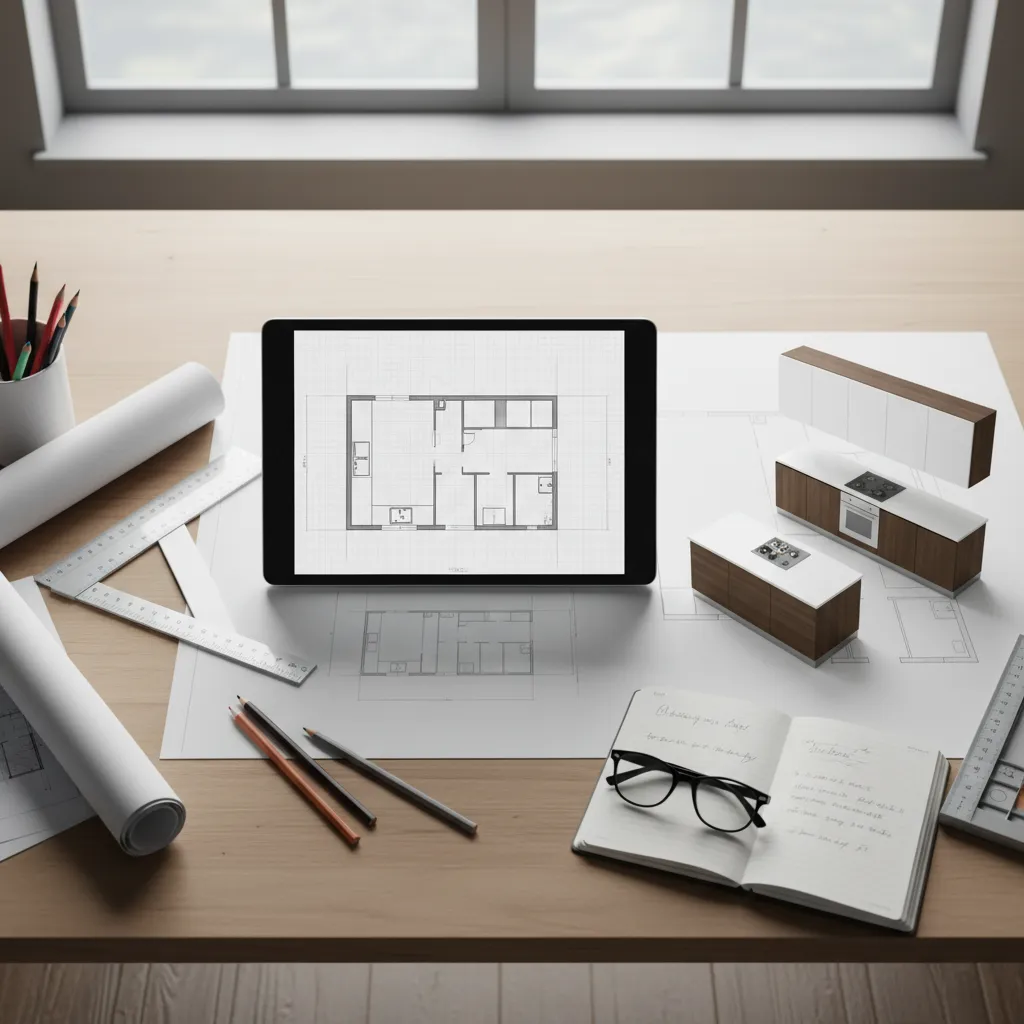 kitchen layout planning showing cabinet arrangement and workflow zones