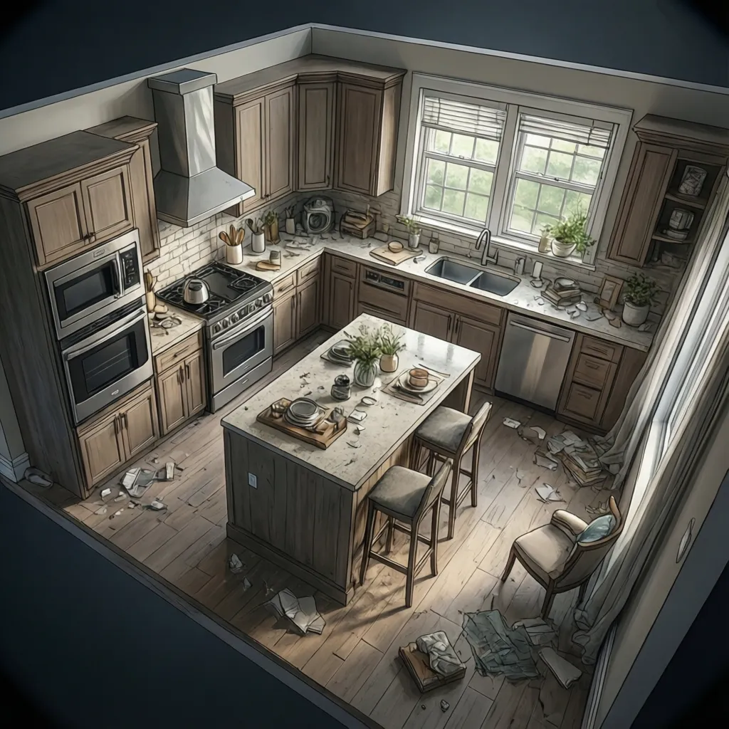 Kitchen layout planning with island cabinets and appliances