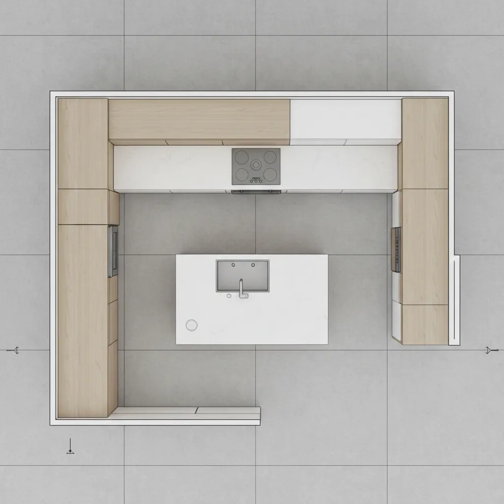 Top view kitchen cabinet layout showing island and appliance spacing