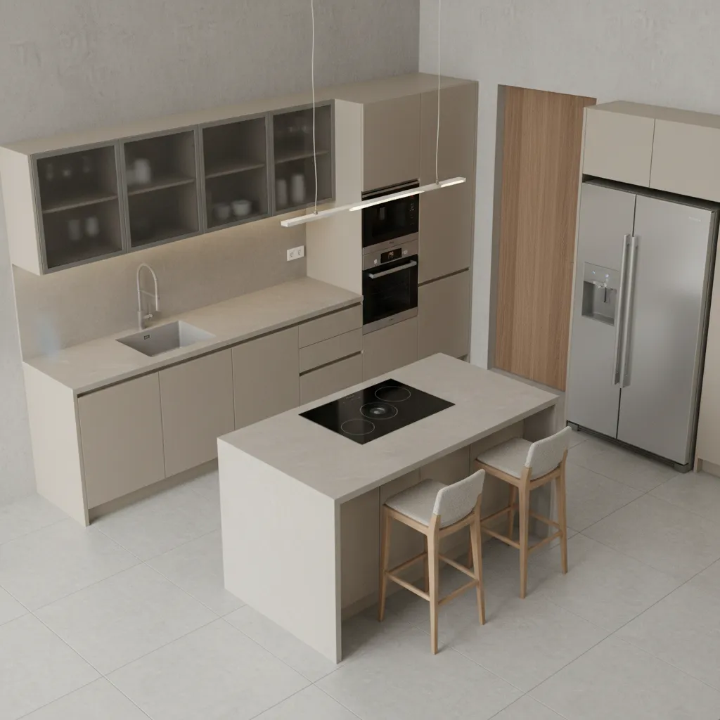 3D kitchen layout showing cabinet placement and appliance positions