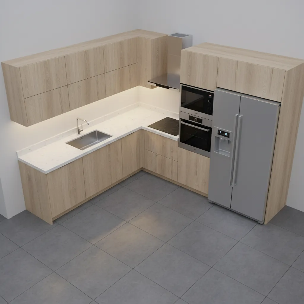3D kitchen layout showing cabinet placement and appliance positions