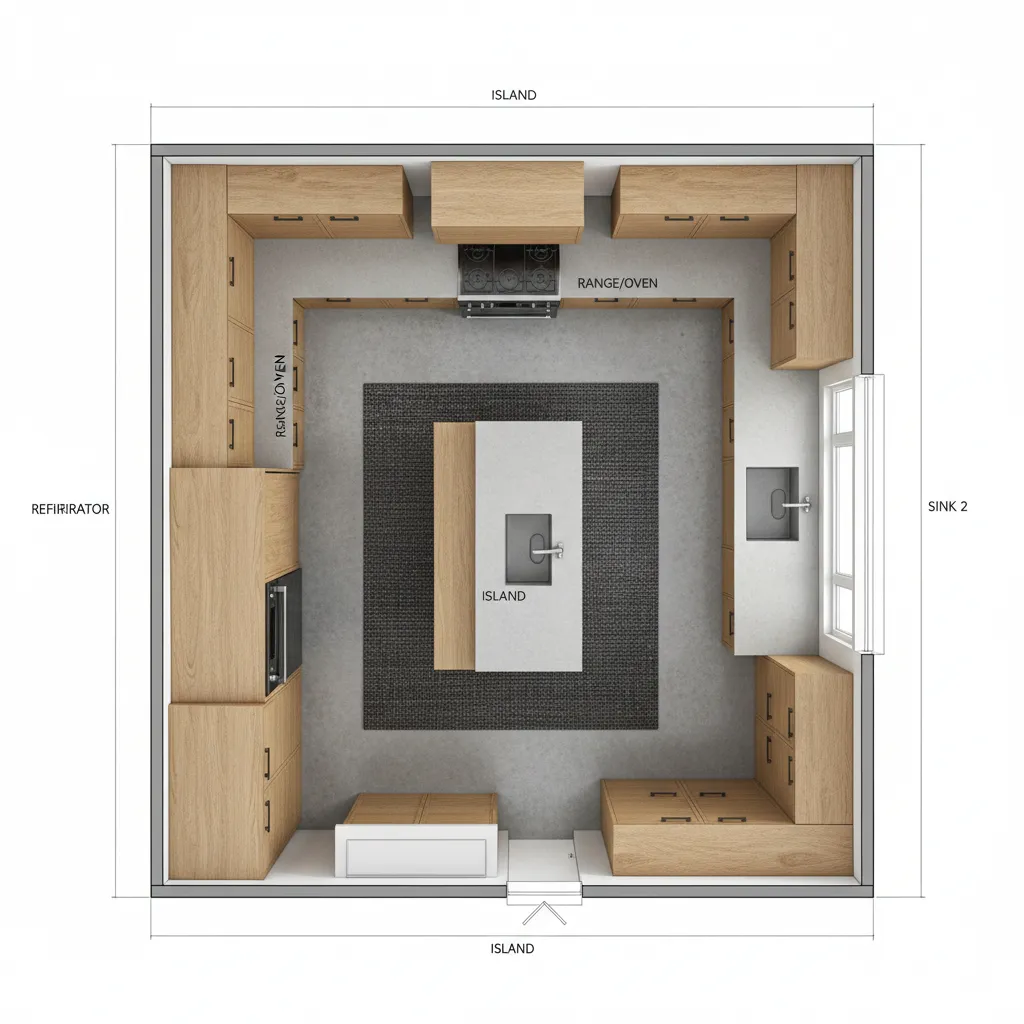 Top view kitchen cabinet layout plan showing island and storage zones