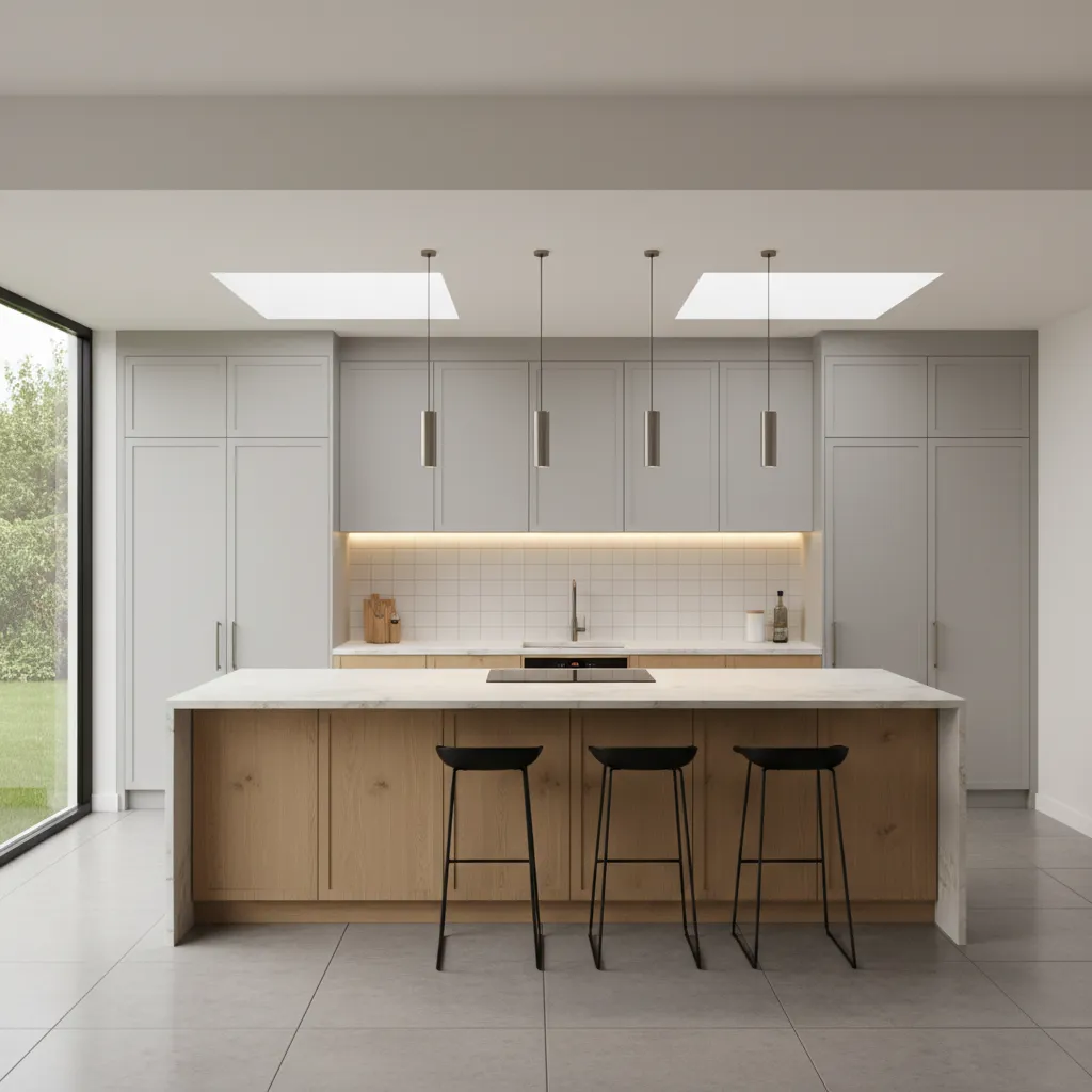 3D visualization of kitchen layout showing cabinet height and ceiling space