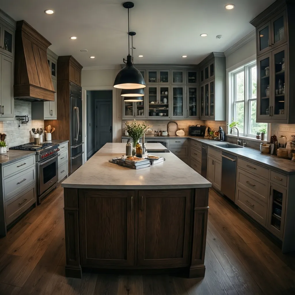 kitchen layout with island and full cabinet system