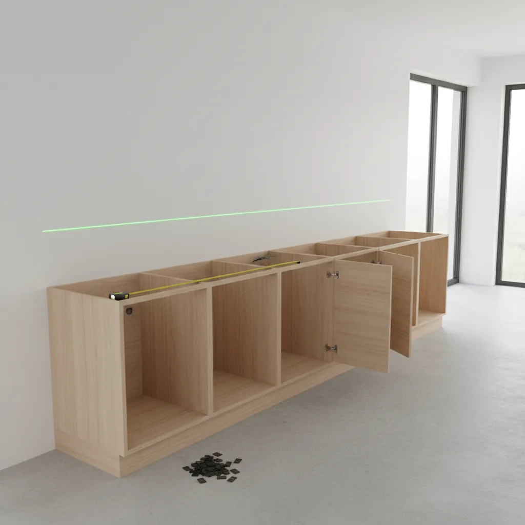 Kitchen cabinet layout with leveling tools and measuring lines during installation