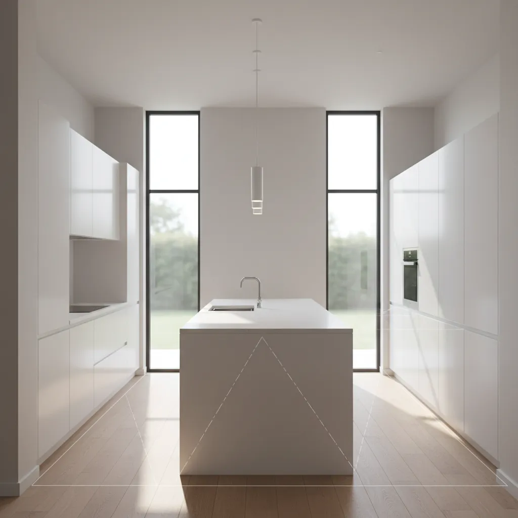 Kitchen layout showing how north and south facing light affects white cabinet tones