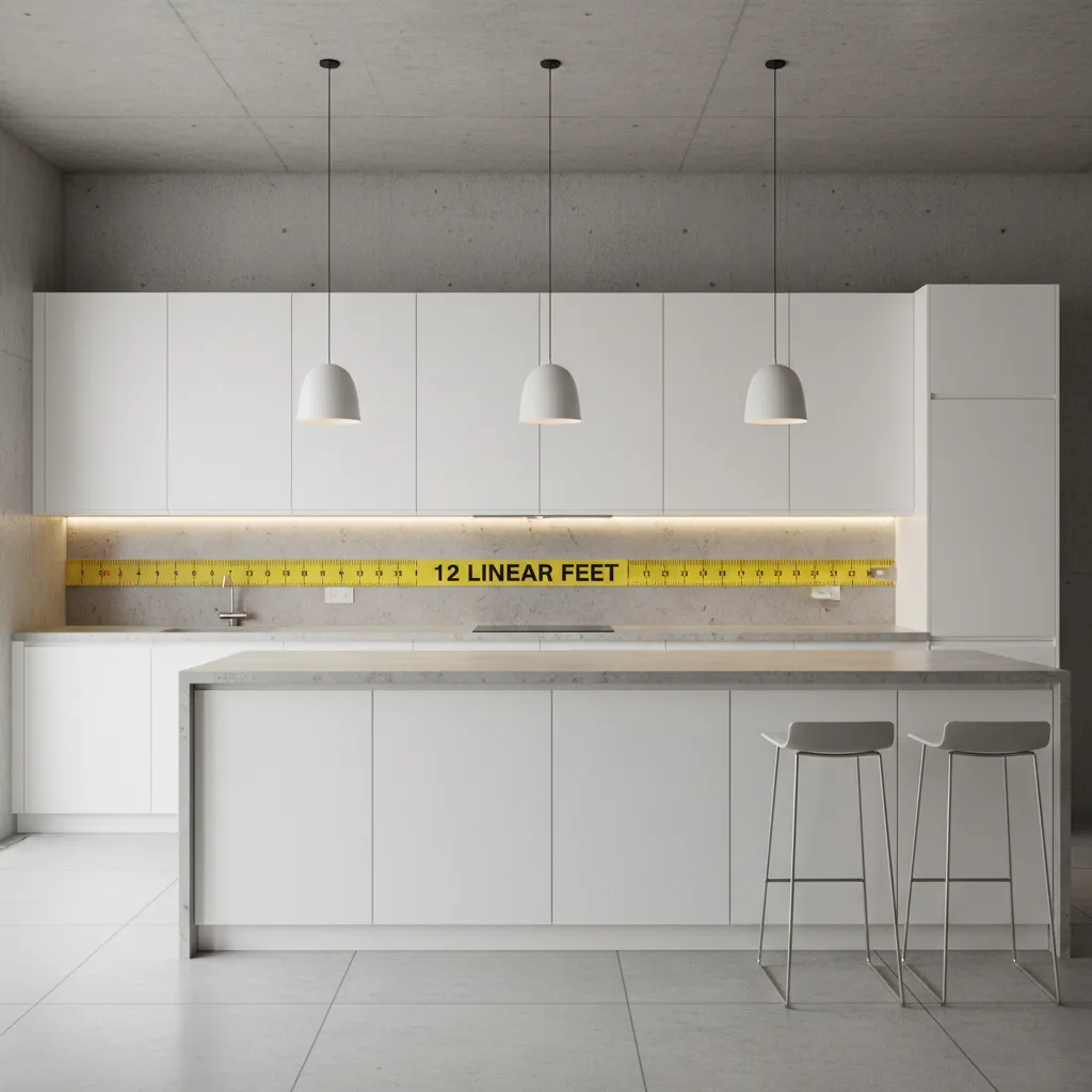 Kitchen cabinets measured along wall showing linear foot pricing concept