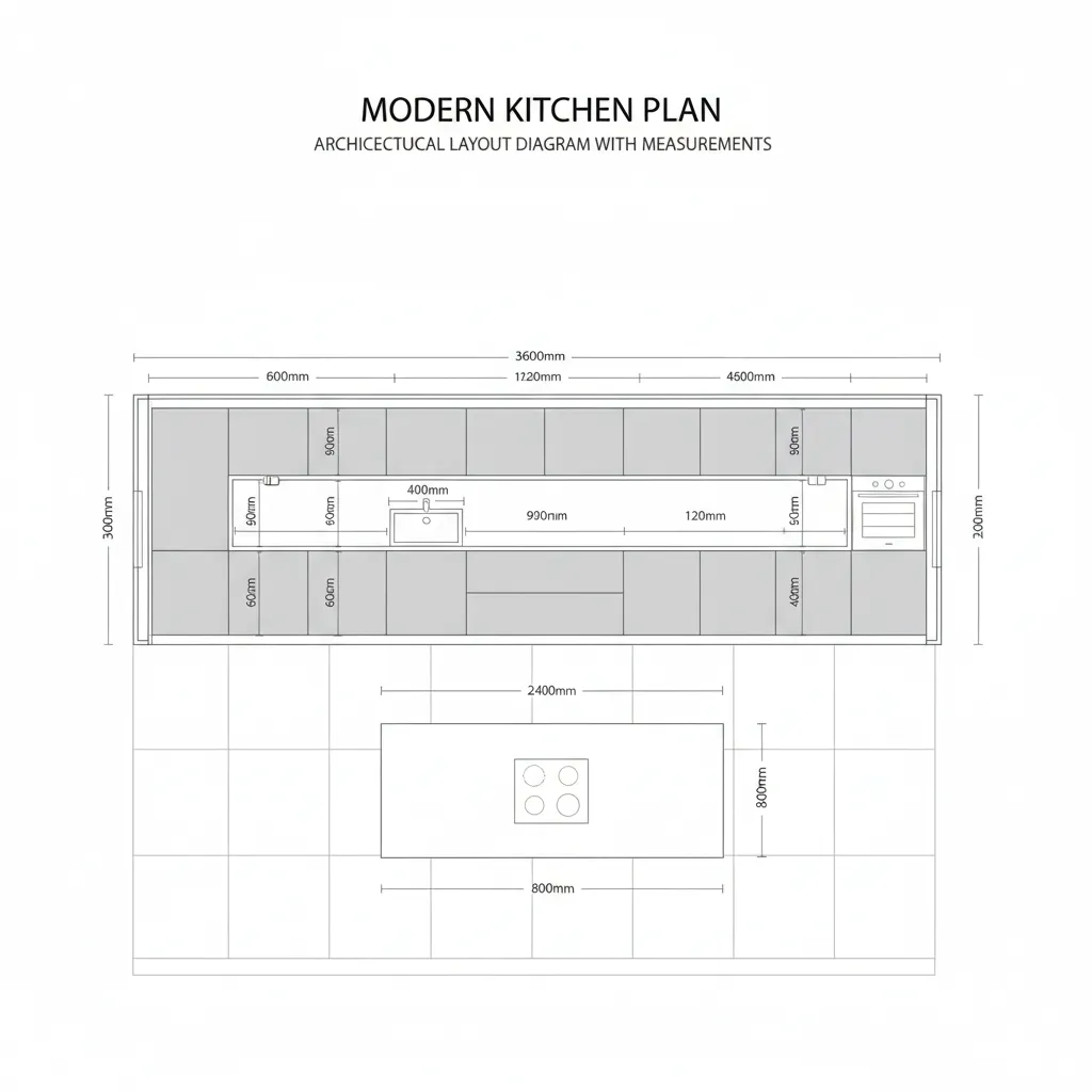 Interior design drawing showing kitchen layout with measurements for cabinets sink stove and central island