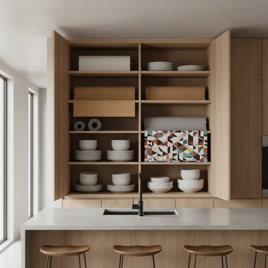 different cabinet liner materials placed inside kitchen cabinet shelves