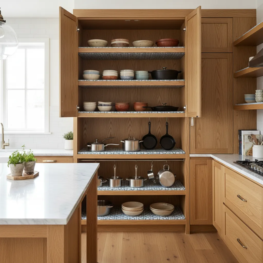 kitchen cabinet shelves with protective liners and cookware