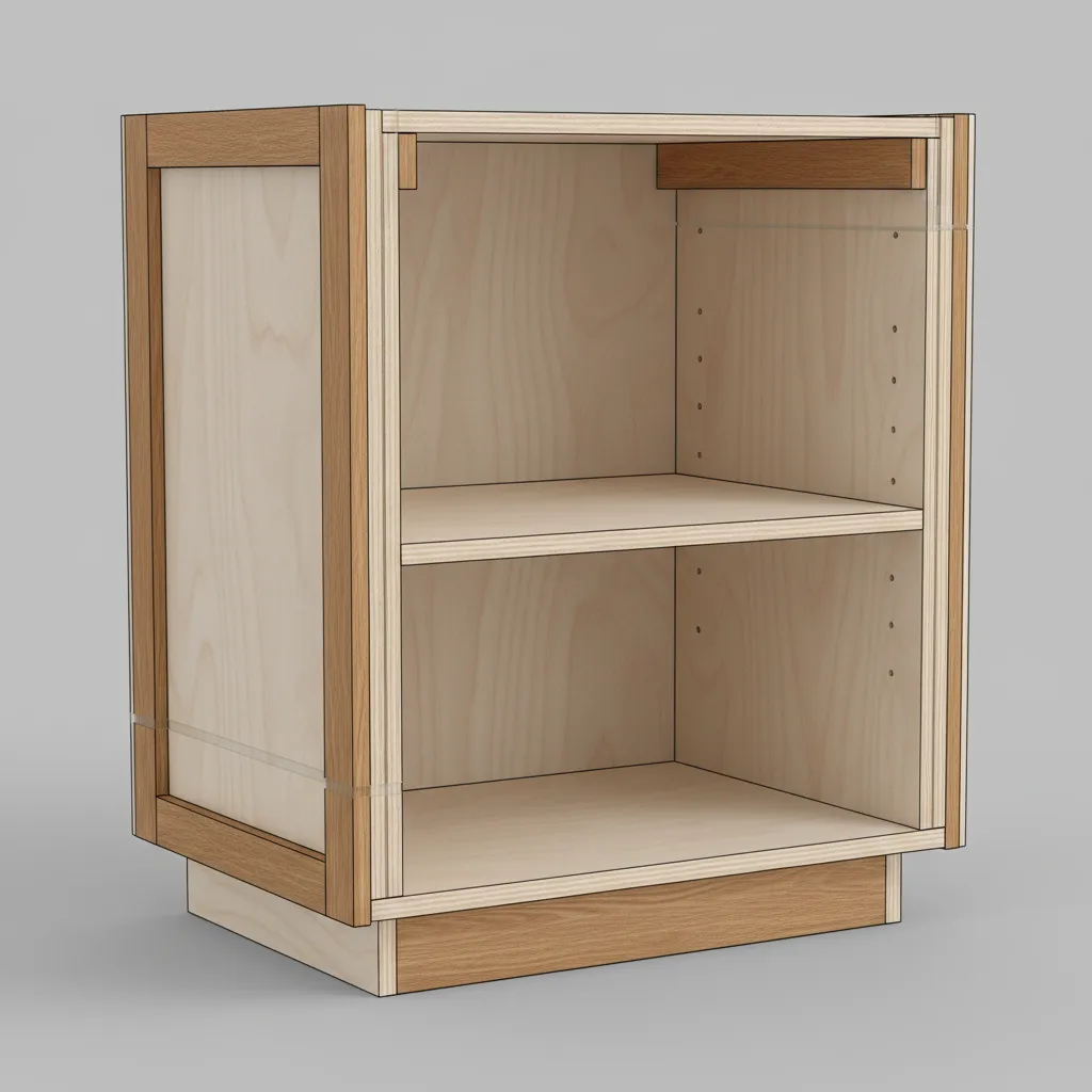 cutaway view of cabinet materials showing laminate plywood and wood bonded with adhesive