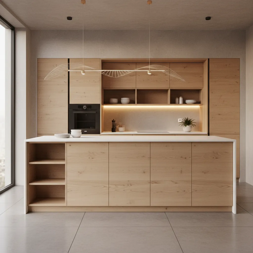 modern kitchen cabinets showing plywood structure and decorative finish board cabinet fronts