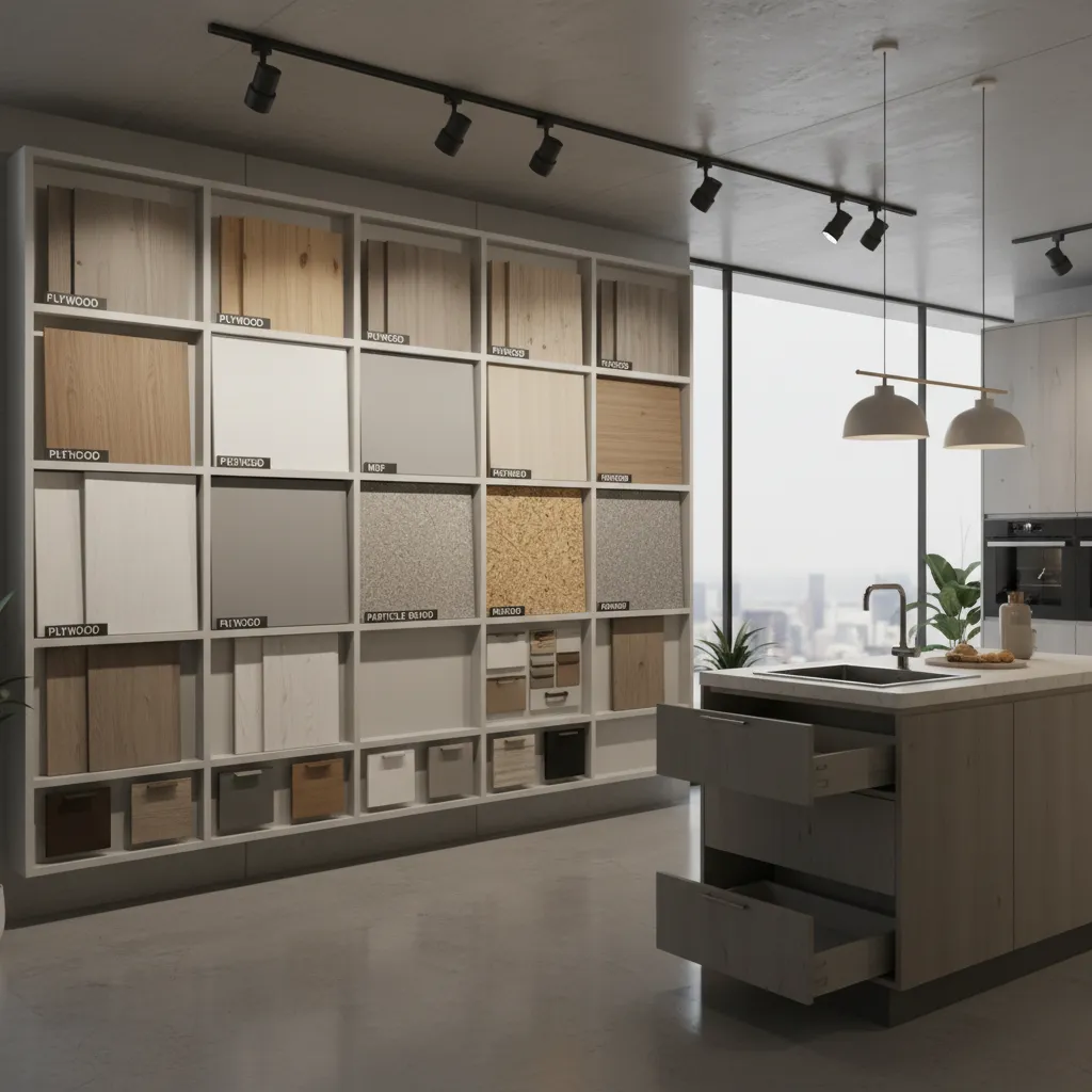 Different cabinet materials used in modular kitchens such as plywood MDF and particle board