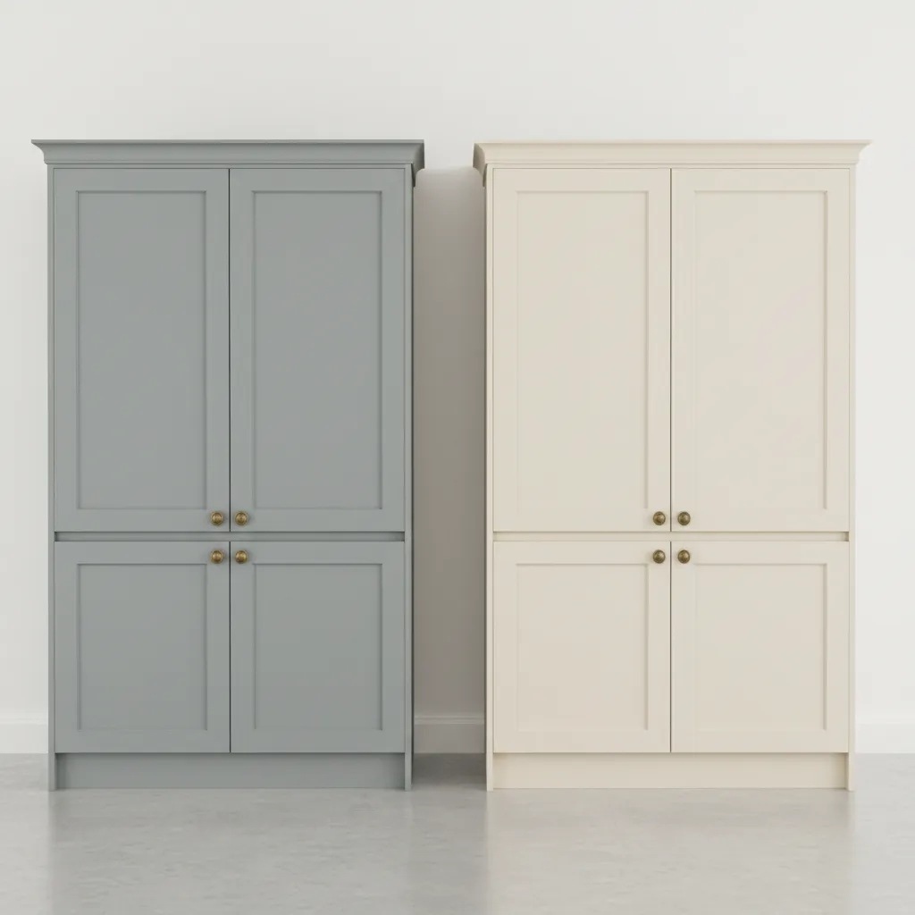 Comparison of painted wood french country cabinets and sleek modular laminate cabinets