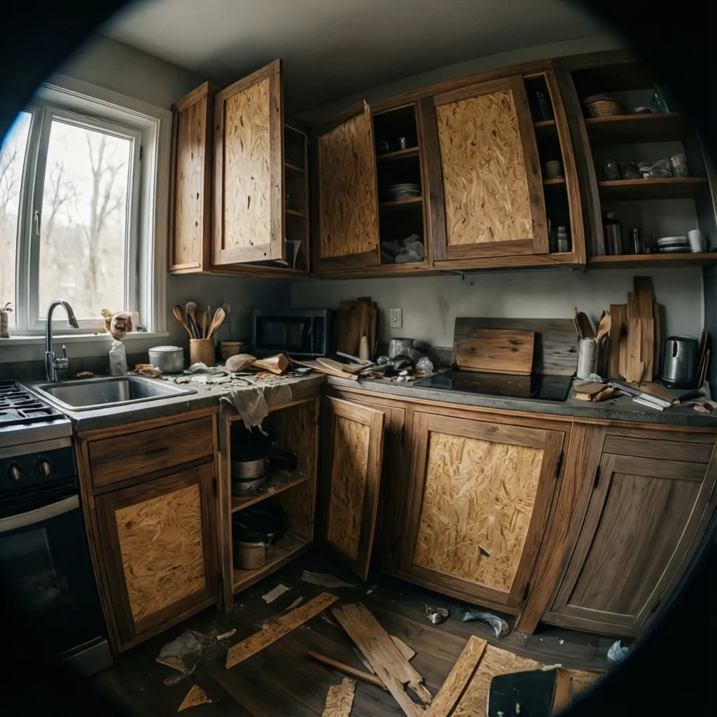 Comparison of kitchen cabinet materials including plywood and particleboard construction