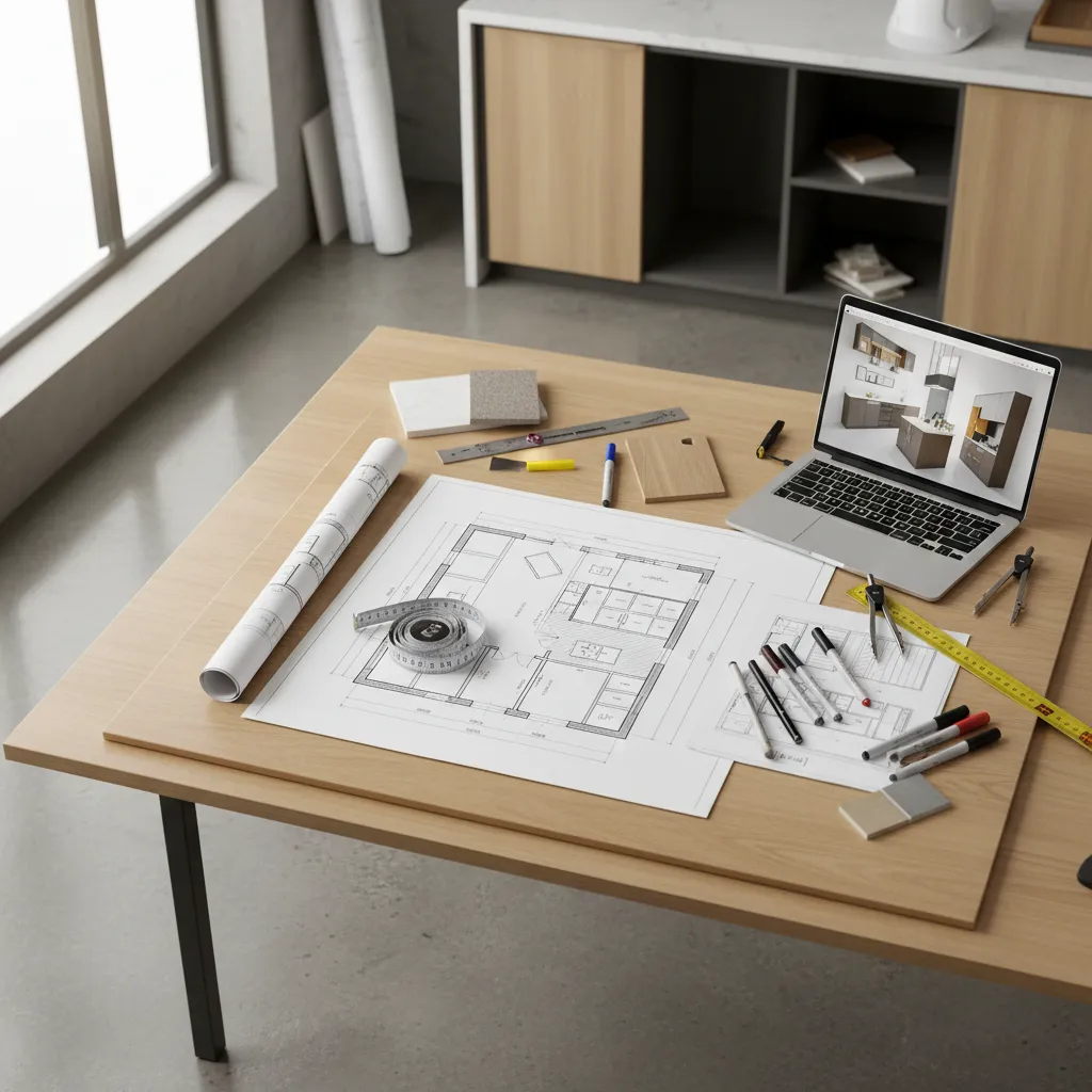 Kitchen layout planning with cabinet measurements and spacing