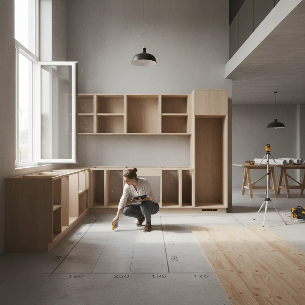 designer measuring kitchen cabinet layout before installation