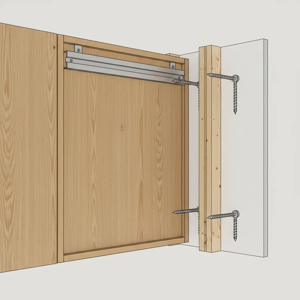Interior design drawing showing kitchen cabinet attached to wall studs with metal rail and screws