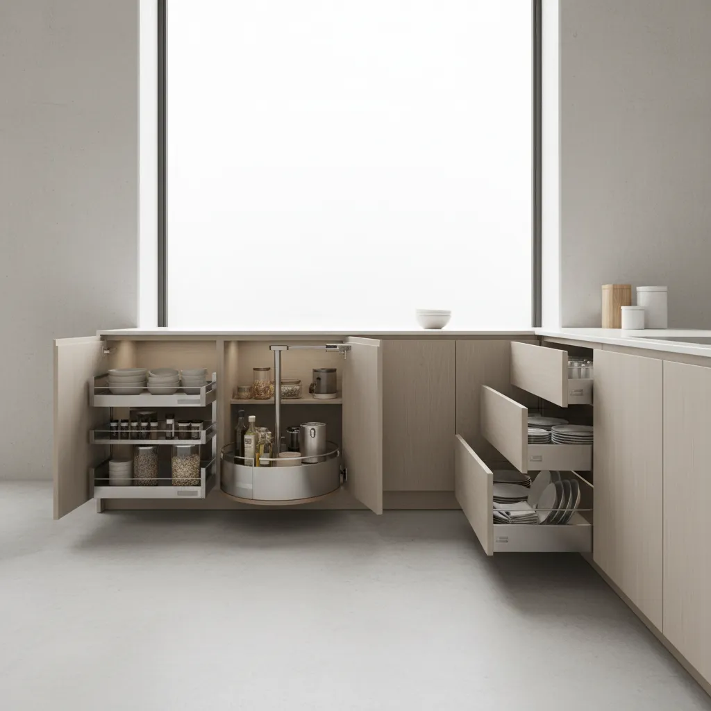 Pull-Out Shelves vs Lazy Susans vs Drawer Inserts: A real designer’s comparison of three popular kitchen cabinet accessories and how I decide which one works best in different layouts.