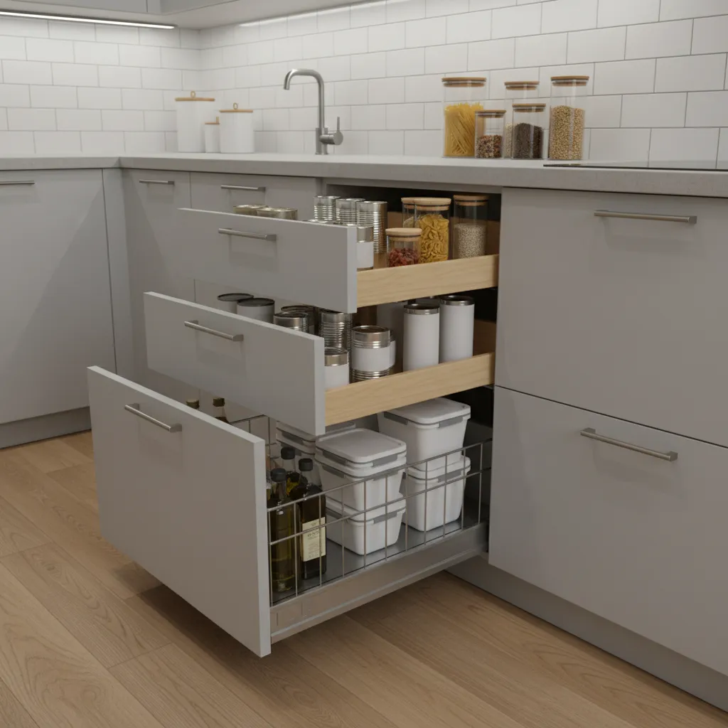 kitchen cabinet with pull-out drawers and organized food containers