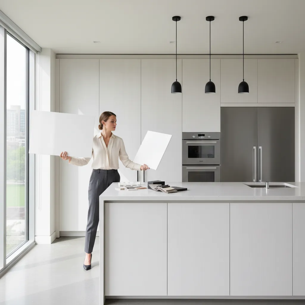 large white paint sample boards tested in kitchen lighting